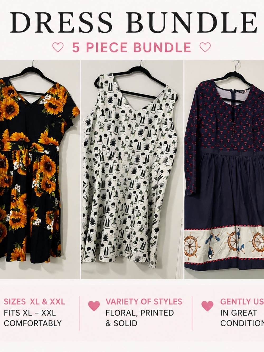 5-Piece Dress Bundle - Floral, Printed & Nautical Styles (Black, White, Navy)